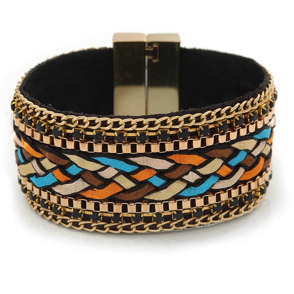 Avalaya Wide Multicoloured Silk Ribbon, Black Crystal with Chain Detailing Magnetic Bracelet In Gold Tone - 18cm L