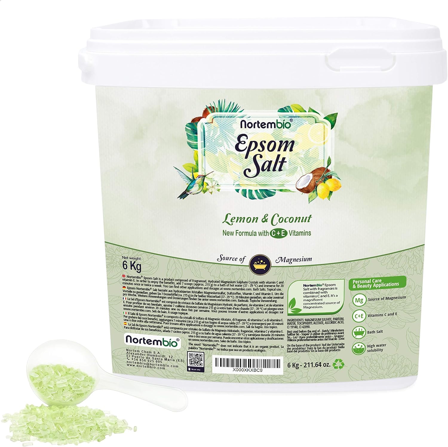Nortembio Epsom Salt 100% Lemon & Coconut Fragrance 6 kg – Natural Source of Magnesium | with Moisturizing Vitamin C & E | for Relaxing Baths, Spa & Skincare + Free E-Book