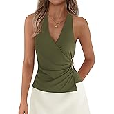 PRETTYGARDEN Womens Halter Top 2026 Spring Tie Wrap Sleeveless Ruched V Neck Fitted Summer Tops Backless Fashion Y2k Clothes