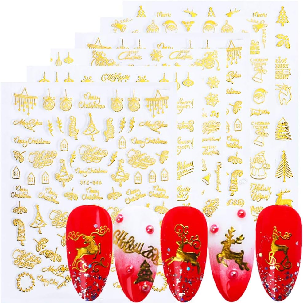 9 Sheets Christmas Nail Stickers - 3D Nail Decals Gold Self Adhesive Snowflake Snowman Santa Claus Elk Bell Sock Christmas Tree Nail Art DIY Decals for Christmas Party