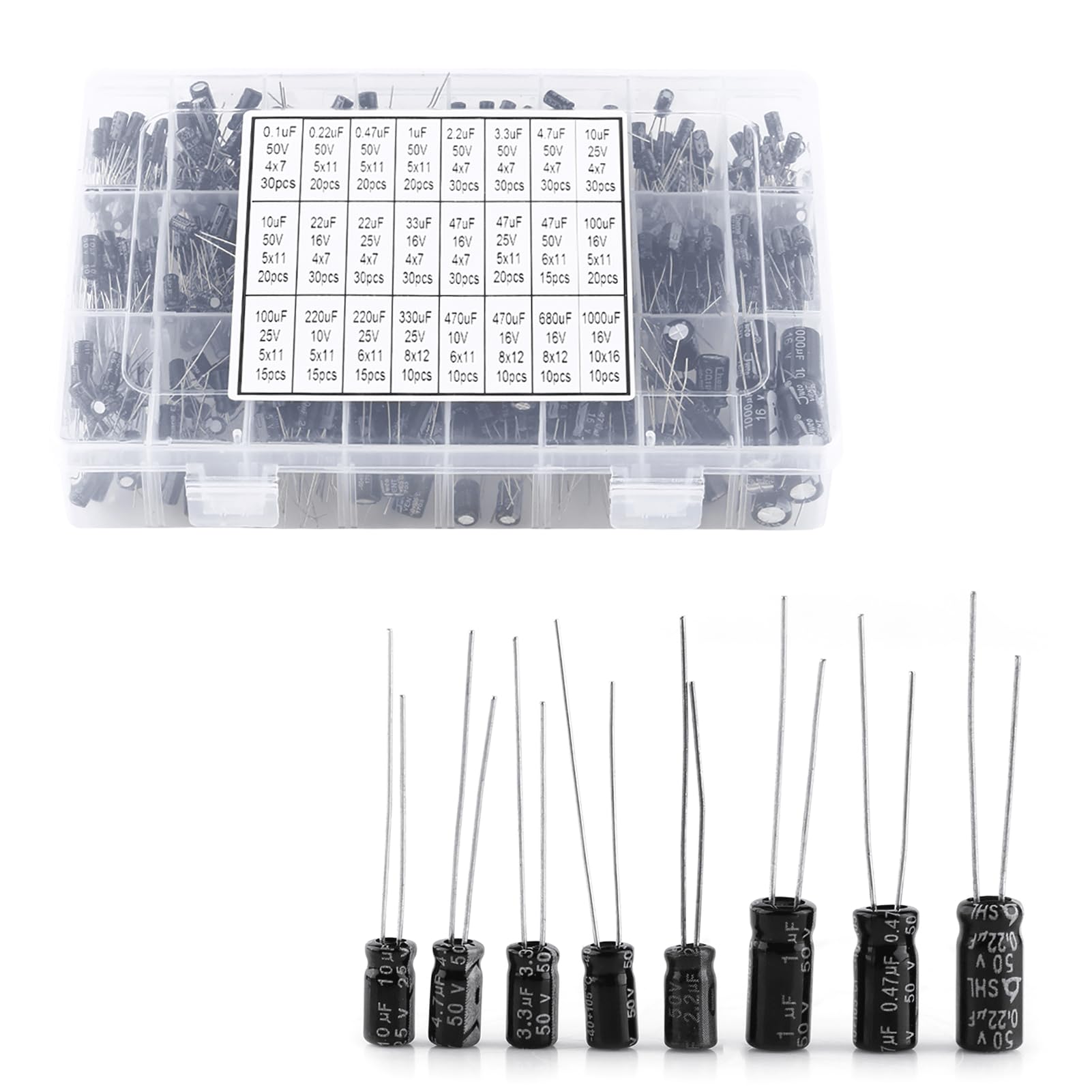 500pcs 24 Values Aluminum Electrolytic Capacitor Assorted Kit Electrolytic Capacitors Kit Practical DIY Accessories Black Compatible Box Set 10V~50V 0.1uF to 1000uF