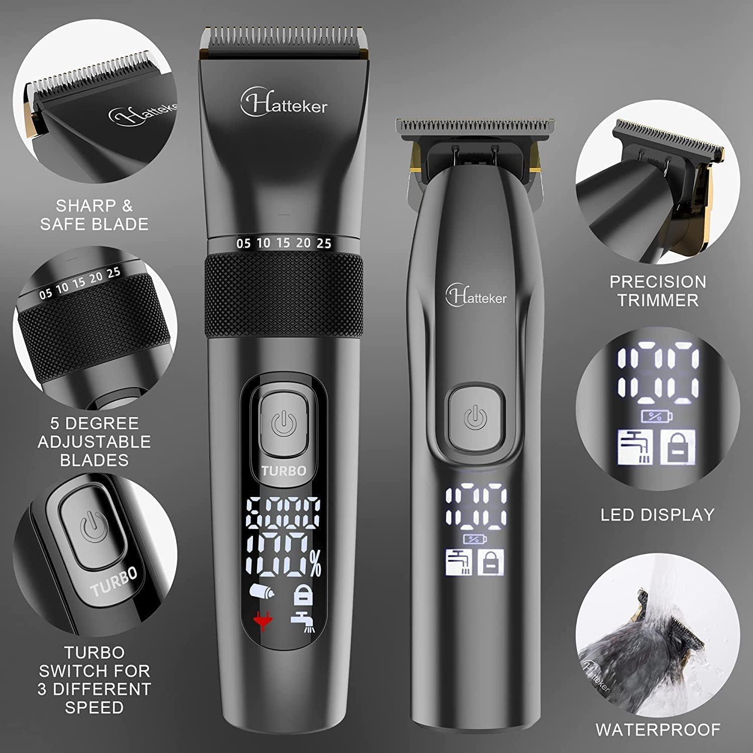 Hatteker Profi Haarschneidemaschine Set Haarschneider Pflegesets Barttrimmer Bartschneider Herren T-förmiger Trimmerkopf T-blade Trimmer Präzisionstrimmer IPX7 Wasserdicht 2