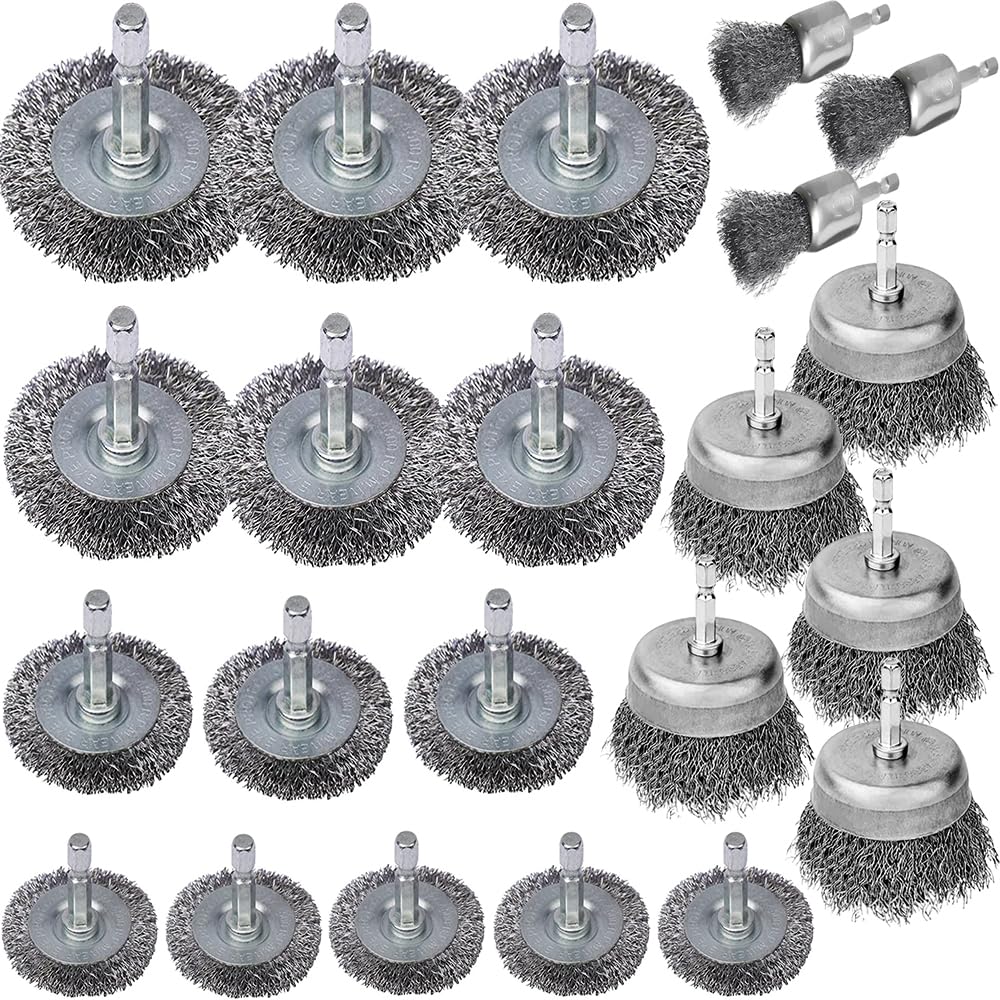 Wire Brush Wheel Cup Brush Set, Wire Brush for Drill 1/4 Inch Hex Shank Coarse Carbon Steel Crimped Wire Wheel for Cleaning Rust
