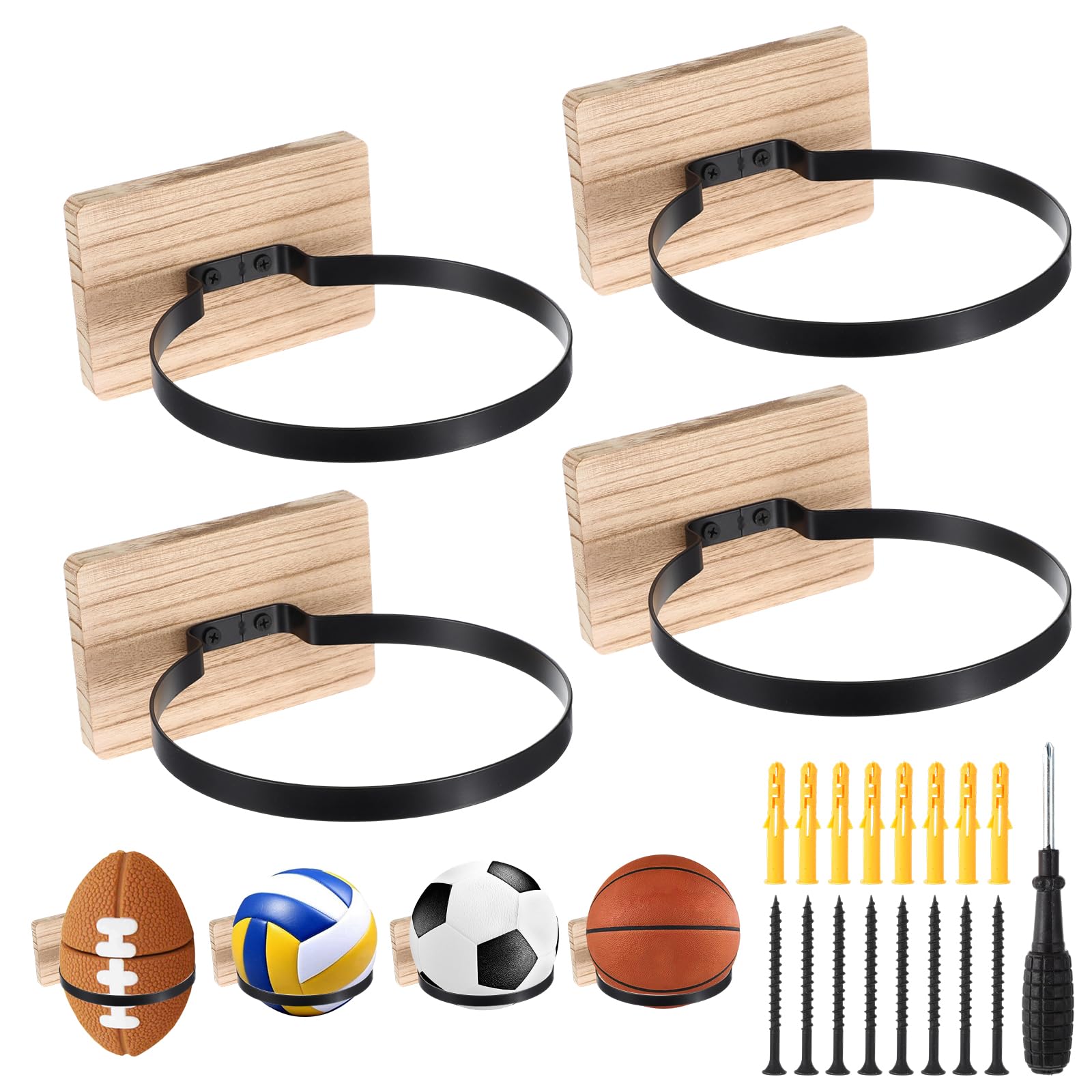 Photo 1 of xozeooeu 4 Pcs Wall Mount Ball Holder with Wooden Base, Ball Storage Display Rack for Basketball Football Soccer Volleyball, Sports Decor Organizer