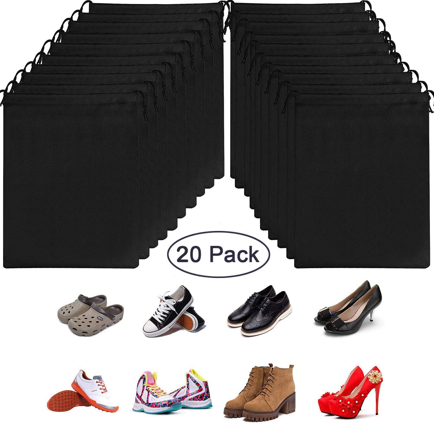 OMZGXGOD - Pack of 20 shoe bags, waterproof shoe bag, dustproof shoe bag, black fabric bag with drawstring, travel storage bag, organiser for travel at home
