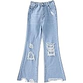WDIRARA Girl's High Waisted Ripped Raw Hem Flare Bell Bottom Jeans Denim Pants