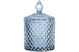 Sizikato Diamond Faceted Crystal Glass Candy Jar with Lid, Blue Decorative Jar, Jewelry Box, Cotton Swab Storage Holder.