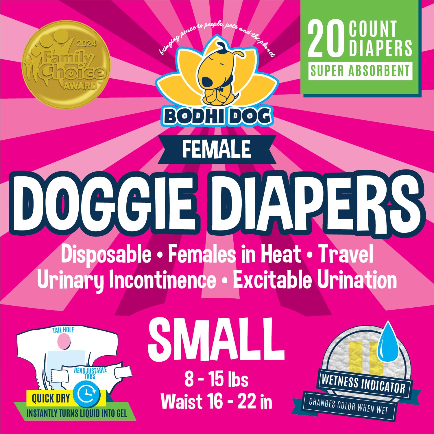 Bodhi Dog Disposable Female Dog Diapers - Super Absorbent, Leak-Proof Pee Wraps - Adjustable Fit, Comfortable Design, Advanced Moisture Control, and Wetness Indicator - Small (20 Count)