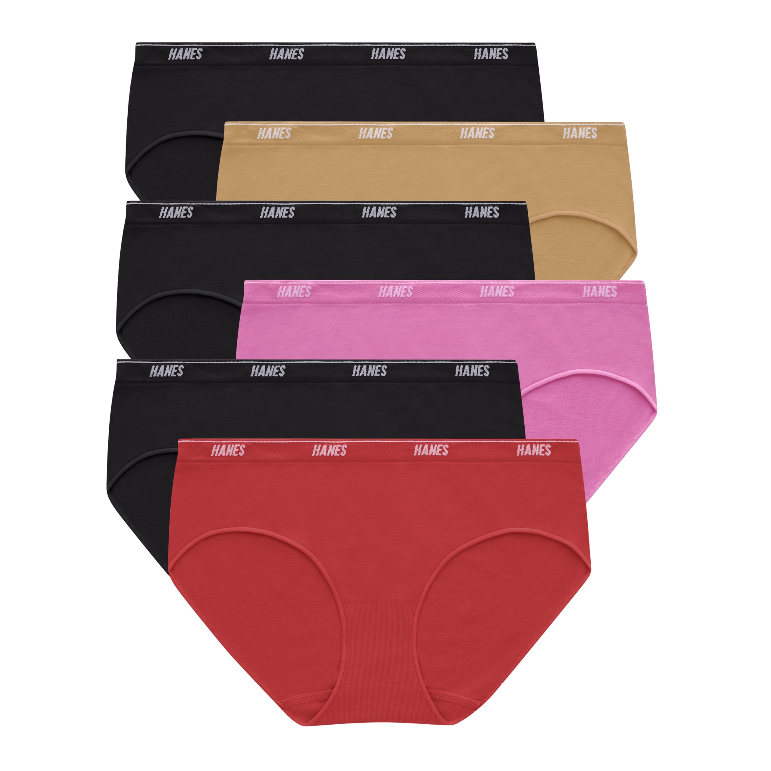 Photo 1 of Hanes Women's Moves Underwear, 360° Flex Stretch Panties, Smooth & Seamless Bikinis or Thongs, 6-Pack, 6pk Hipster: Black x3/Almond/Red/Pink