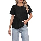 Funlingo Womens Puff Sleeve Babydoll Tops Summer Crew Neck Pleated Blouses Casual Loose Fit Flowy Swing Shirts
