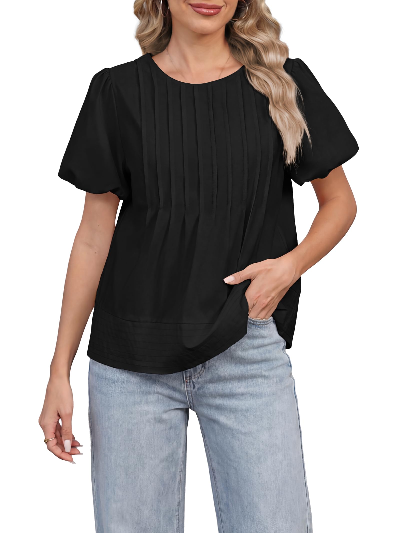 Photo 1 of (LARGE) Funlingo Womens Blouses Summer Short Puff Sleeve Babydoll Tops for Women Casual Crew Neck Flowy Pleated Shirts Cute Clothes Black L