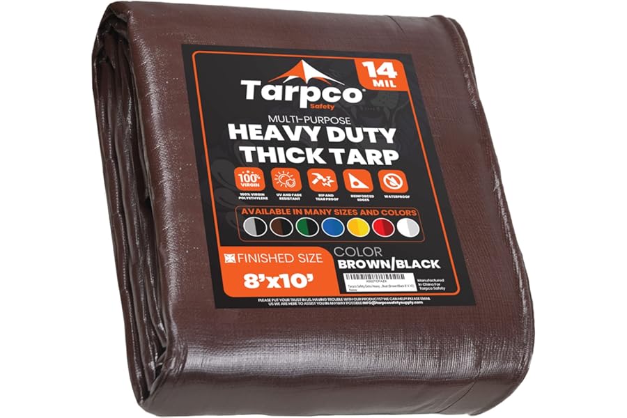 Tarpco Safety Extra Heavy Duty 14 Mil Tarp Cover, Waterproof, UV Resistant, Rip and Tear Proof, Poly Tarpaulin with Reinforced Edges for Roof, Camping, Patio, Pool, Boat (Brown/Black 8′ X 10′)