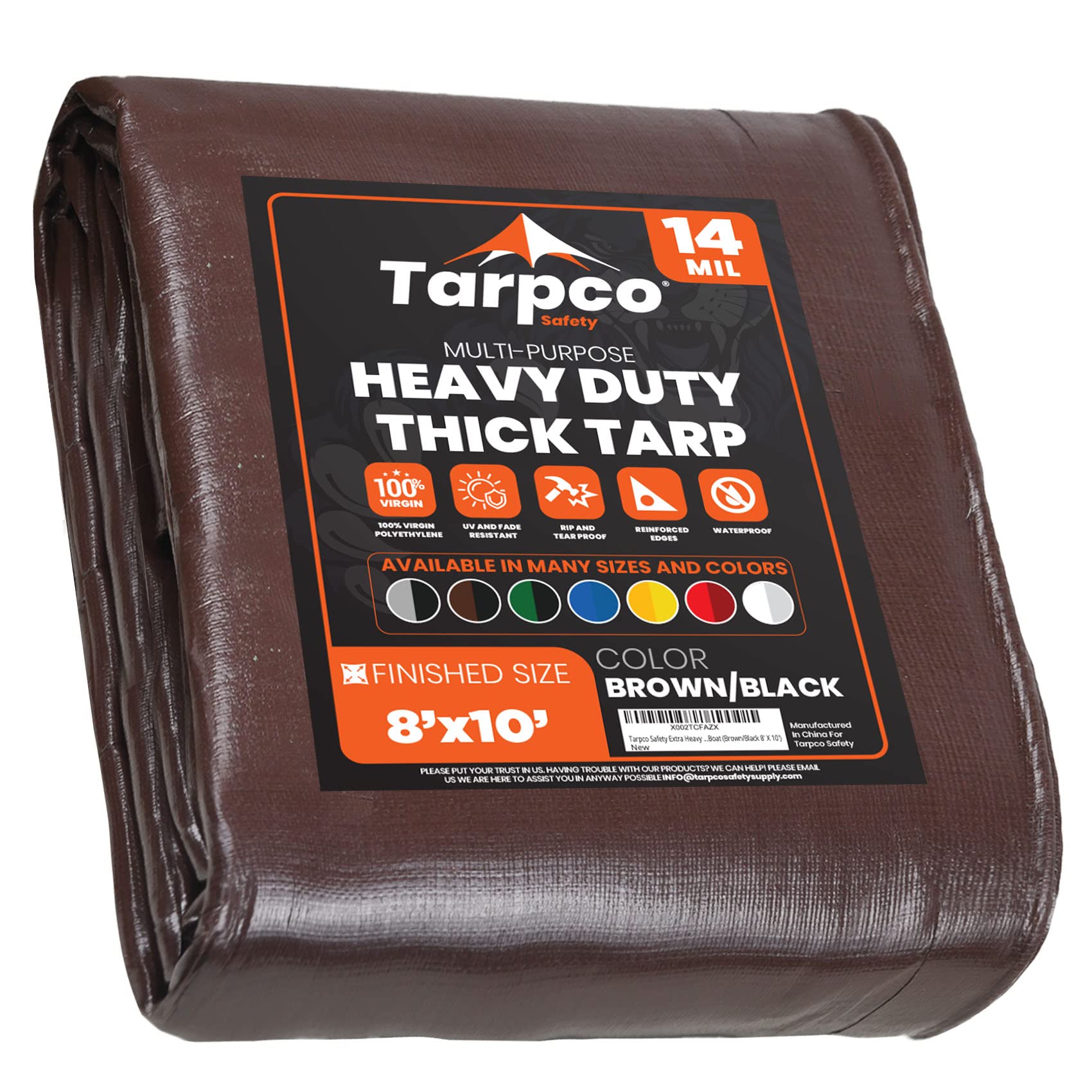 Tarpco Safety Heavy Duty 245 GSM/ 14 Mil Tarp Cover, Waterproof, UV Resistant, Rip and Tear Proof, Poly Tarpaulin with Reinforced Edges for Roof, Boat (Brown/Black 8′ X 10′ | 2.45m X 3m)