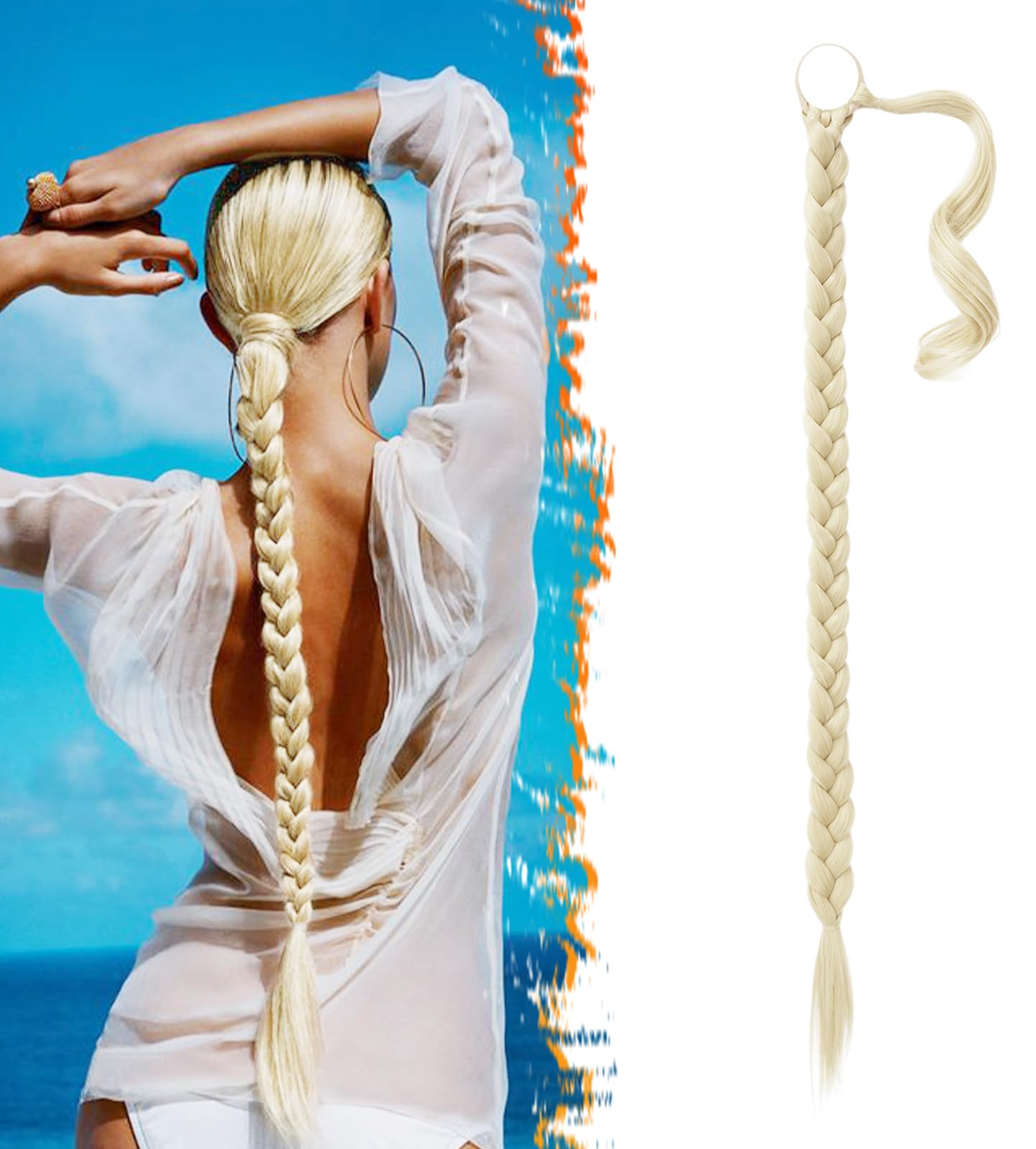 Photo 1 of BARSDAR 34 Inch Long Braided Ponytail Extension with Hair Tie - Straight Sleek Wrap Around Blonde Braided Ponytail Hair Extensions - Synthetic Pony Tails Hairpieces for Women - Buttery Blonde