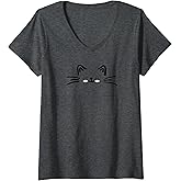 Womens Cute Cat Kitty Face Kitten Whisker V-Neck T-Shirt