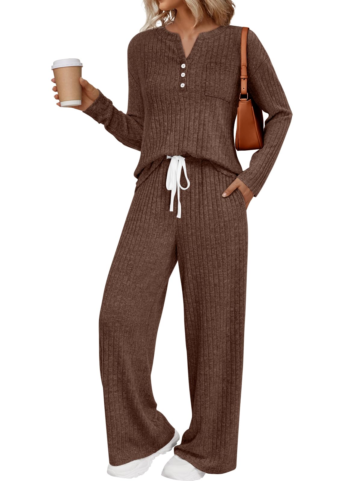 LILLUSORY Womens 2 Piece Lounge Sets Matching Airport Travel Outfits 2026 Spring Clothing Fall Pajamas Sweat Suits Pockets Chocolate Brown S Image