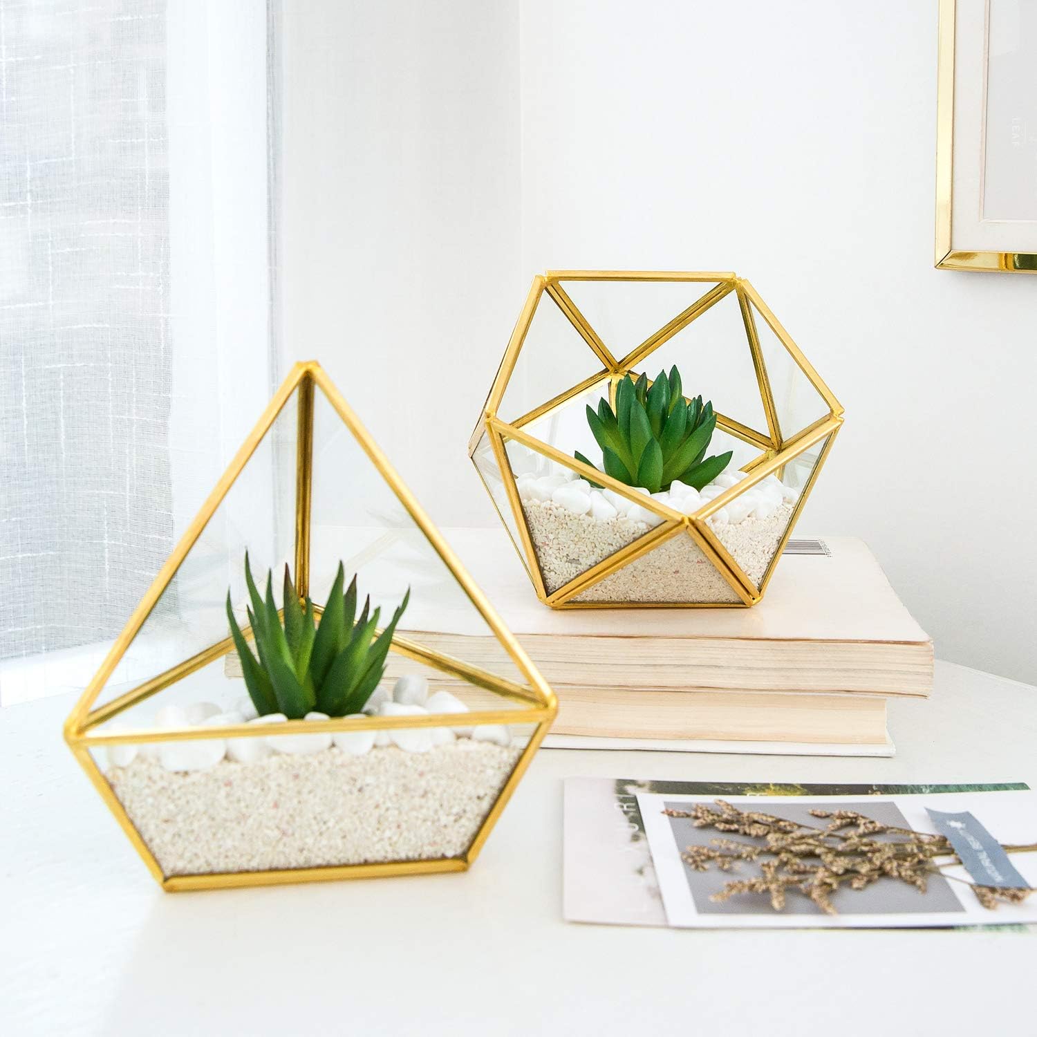 Mkono Office Decor for Desk, 3 Pack Mini Glass Geometric Terrarium with Artificial Succulent, Miniature Potted Faux Plant Bookshelf Boho Room Decor for Women Girls College Dorm Wedding Gift Idea, Gold -