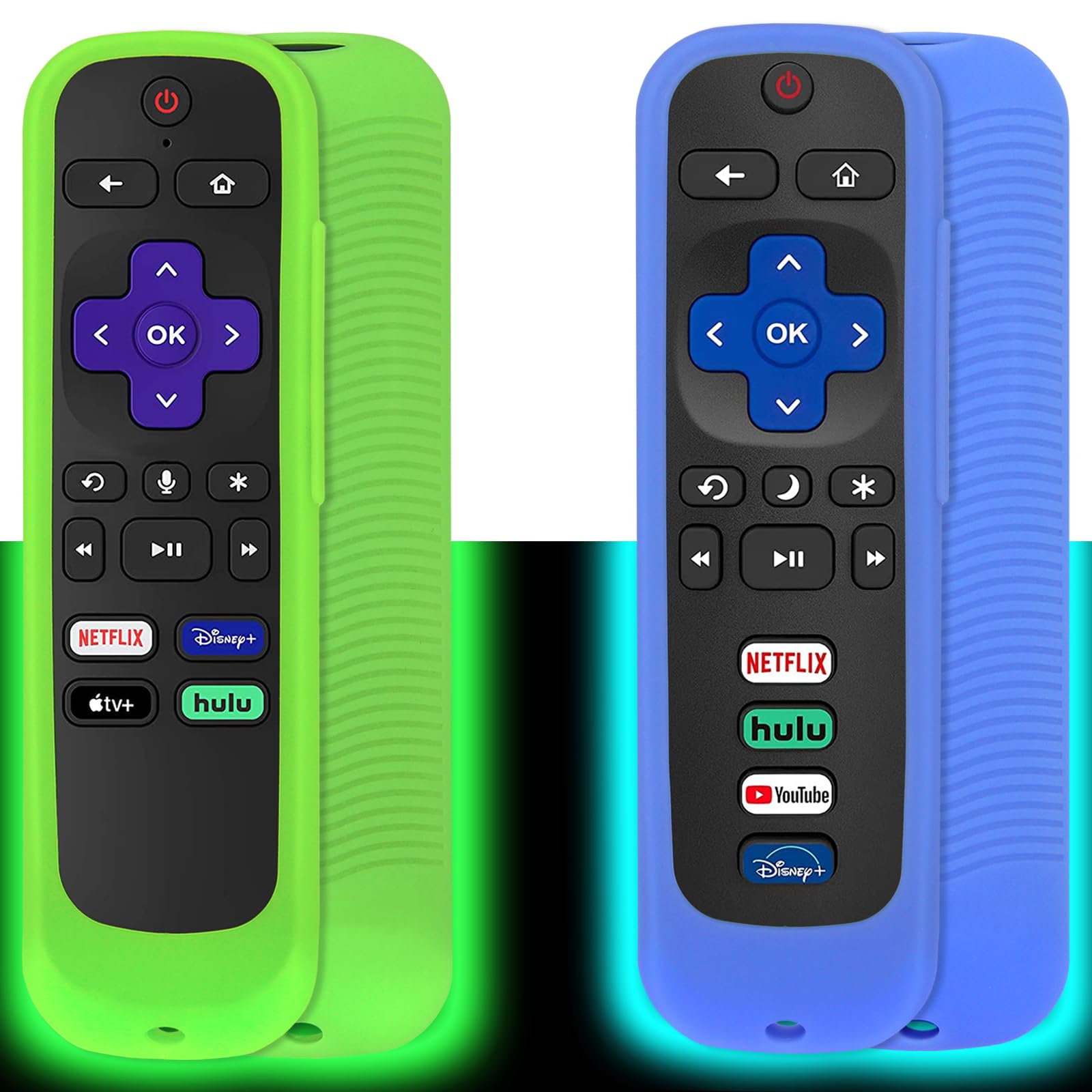 [2 Pack] Remote Cover (Glow in the dark) Compatible with Roku Smart TV Remote/Roku Express/Roku Premiere, Universal Silicone Case with Lanyard (Green and Blue)
