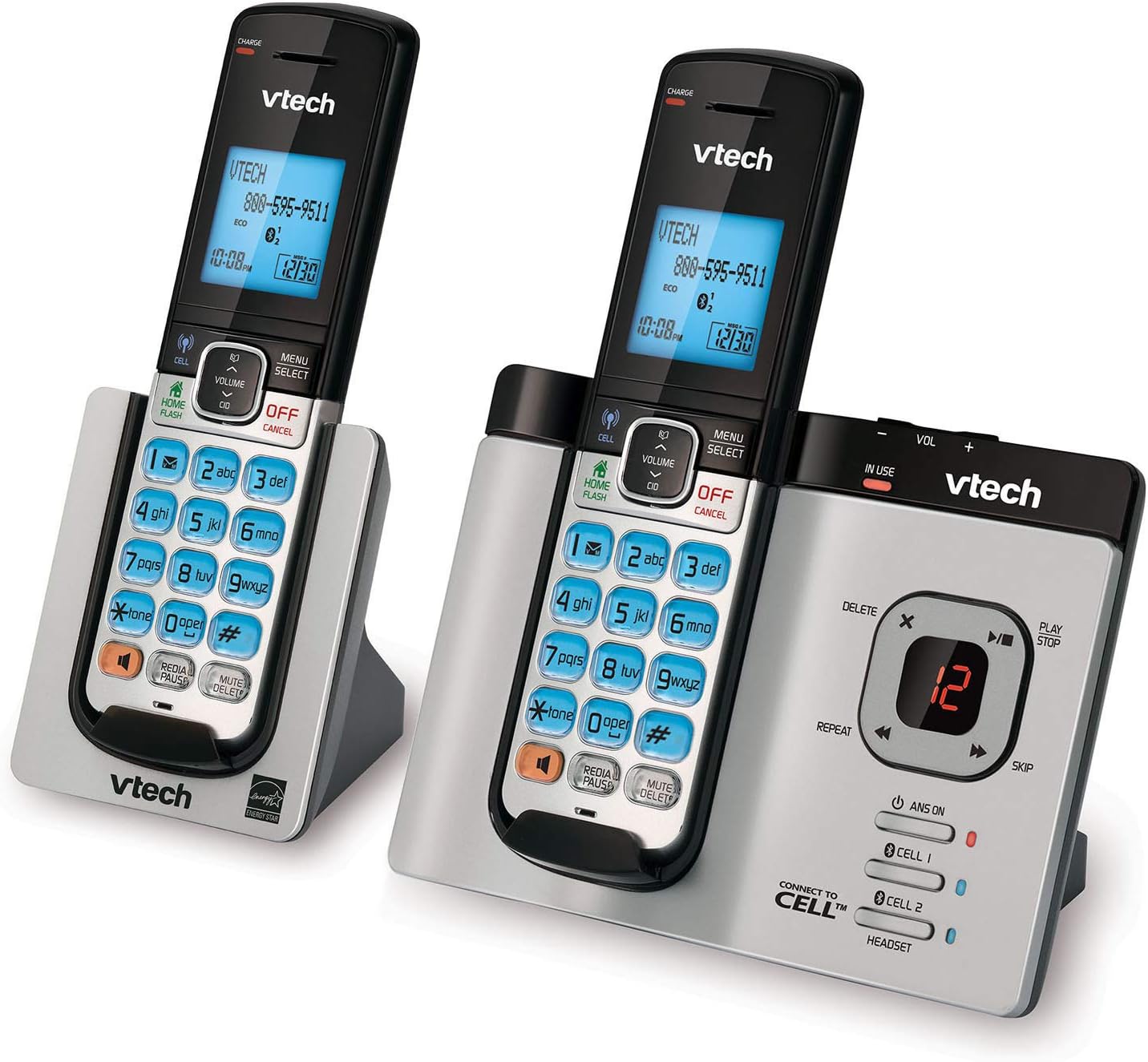 VTech DS6621-2 DECT 6.0 Expandable Cordless Phone with Bluetooth Connect to Cell and Answering System, Silver/Black with 2 Handsets : Electronics