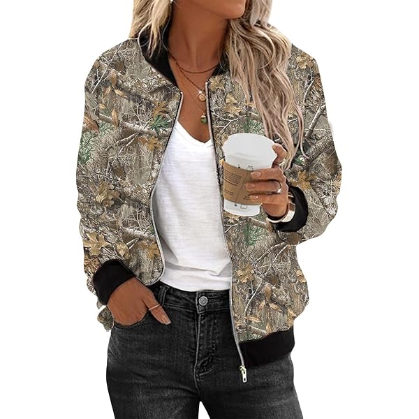 Lightweight Windbreaker NOAFUNZO Women's Camo Bomber Jacket - Maple Leaf Print Zip Up Bomber Jacket With Pockets