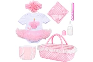 PEDOLLTREE Reborn Baby Dolls Clothes Girl Outfit Accessories Pink Tutu 7 Pcs Set for 17-22 Inch Reborn Doll Newborn Girl with Pink Dot Bassinet