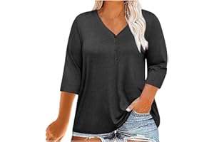3/4 Sleeve Shirts for Women Plus Size Henley Tops Button V Neck Blouse Loose Casual Tshirt Comfy Summer Tee Shirt