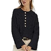 HOWALOOK Women's Cable Knit Sweater Long Sleeve Crewneck Casual Cropped Pullover Sweaters Boho Half Button Down Tops