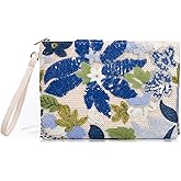 QTKJ Clutch Purses for Women, Straw Bag, Bohemian Handmade Sequin Embroidered Flowers Envelope Package, Leather wristbands, Beach Handbags for Vacation, Travel, Banquet(Blue Flower)