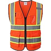 Kazsaifo Reflective Safety Vest for Men Women with 5 Pockets and Zipper Front High Visibility Mesh Vest Hi Vis Construction Work Vest,Meets ANSI/ISEA Standards(KZ177-Orange-M)