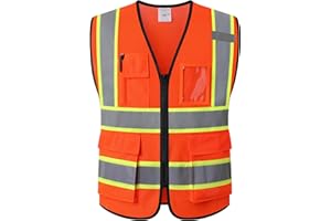 Kazsaifo Reflective Safety Vest for Men Women with 5 Pockets and Zipper Front High Visibility Mesh Vest Hi Vis Construction Work Vest,Meets ANSI/ISEA Standards(KZ177-Orange-M)
