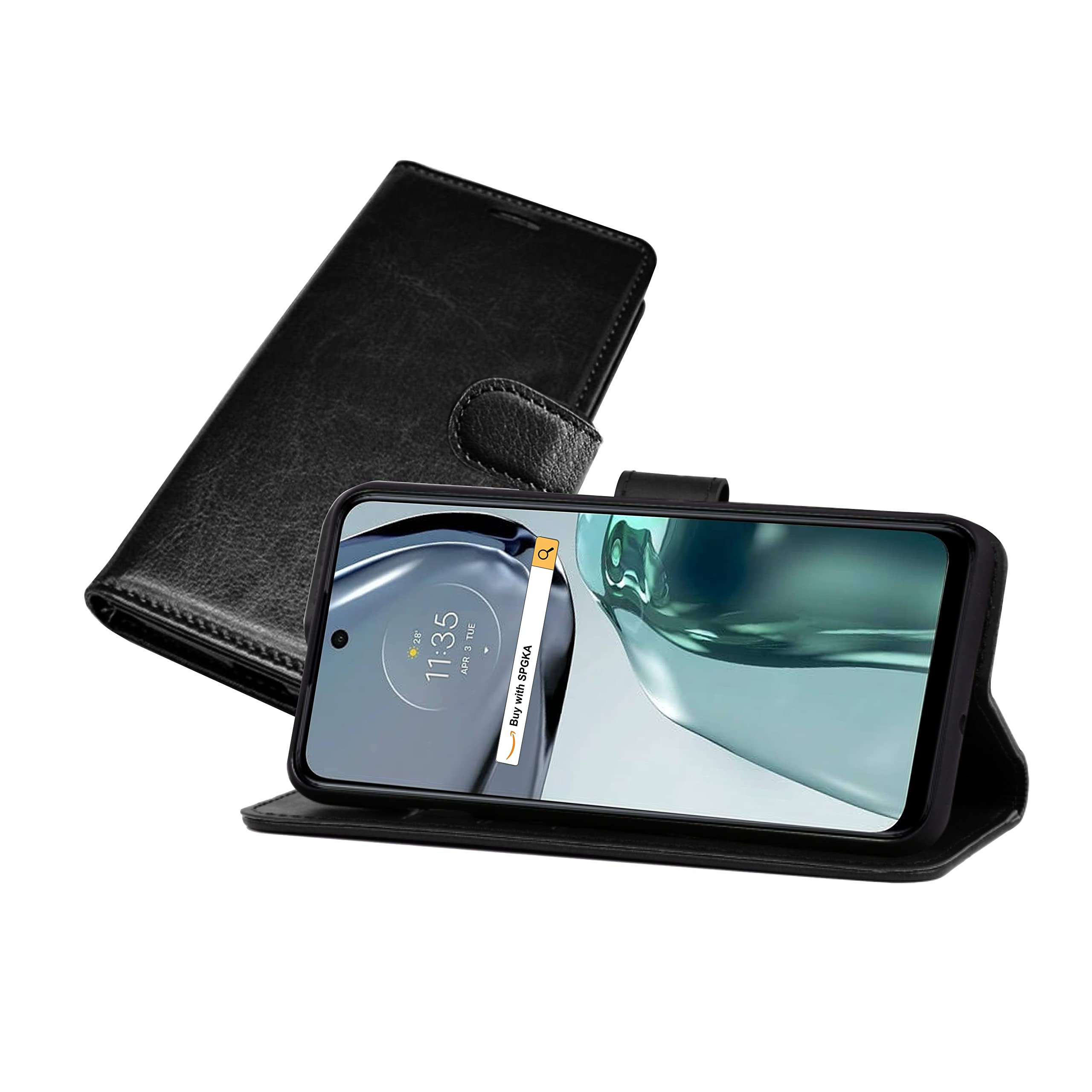 SPGKA Case For Motorola G62, Motorola G62 Phone Case, Motorola G62 Case, Wallet Style (Premium) PU Leather(Book Style) Flip Cover Elegant Card Slot and Magnetic Closure Case (Black)