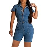 Denim Rompers for Women Sexy Short Sleeve Bodycon Short Pants Jeans Jumpsuits with Belt Pockets Botton Down