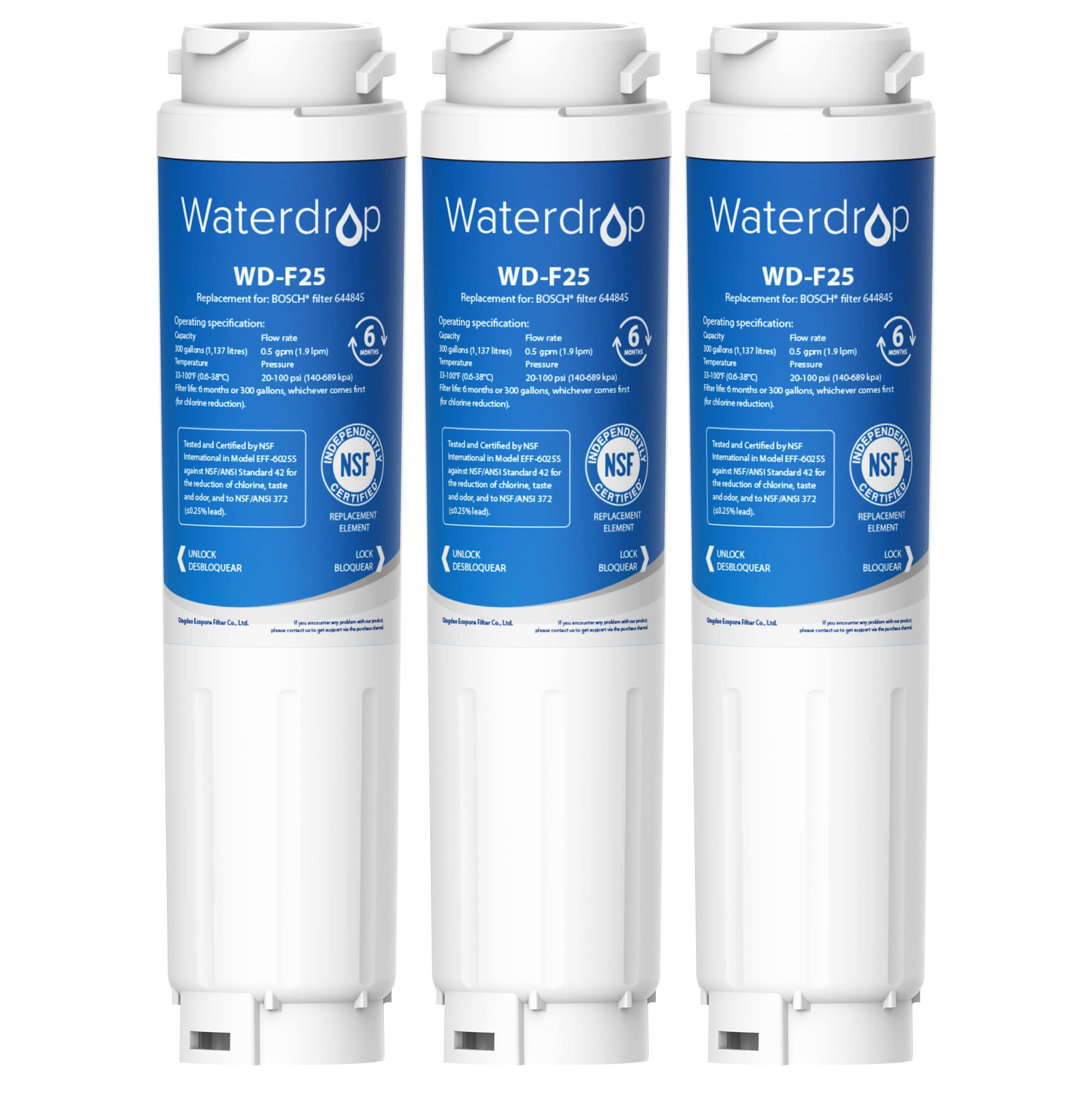 Waterdrop WD-F25 Fridge Water Filter, Replacement for Bosch® Fridge UltraClarity 644845, 740560 9000077104 (3 Pack)