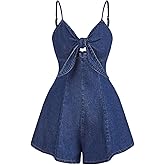 OYOANGLE Women's Vintage Bowknot Spaghetti Strap Denim Romper Sleeveless Wide Leg Jean Short Jumpsuits