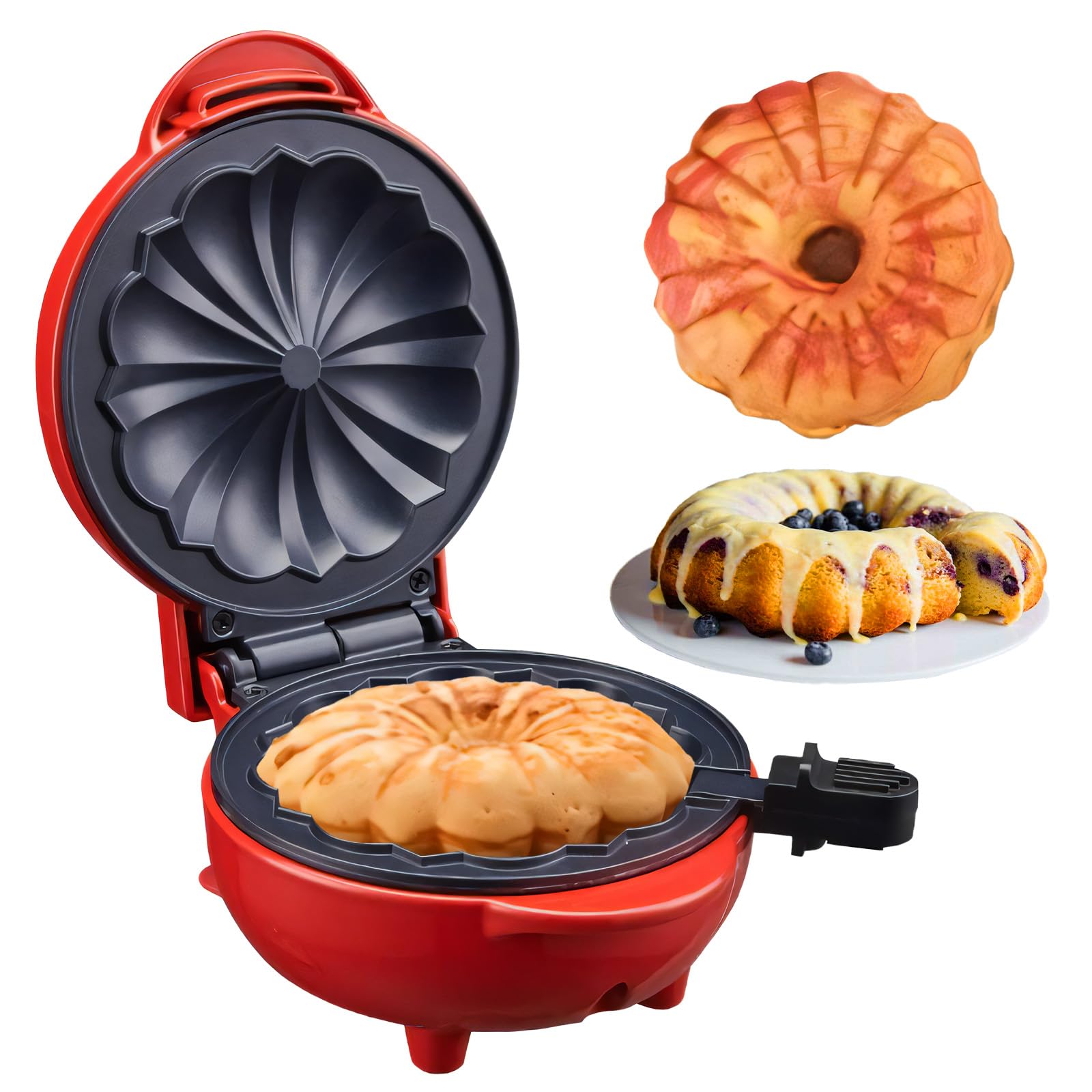 Mini Cake Maker, Portable Mini Bundt Cake Maker Double-Sided Heating, electric cupcake makers for Breakfast, Cake, Snacks (Red)