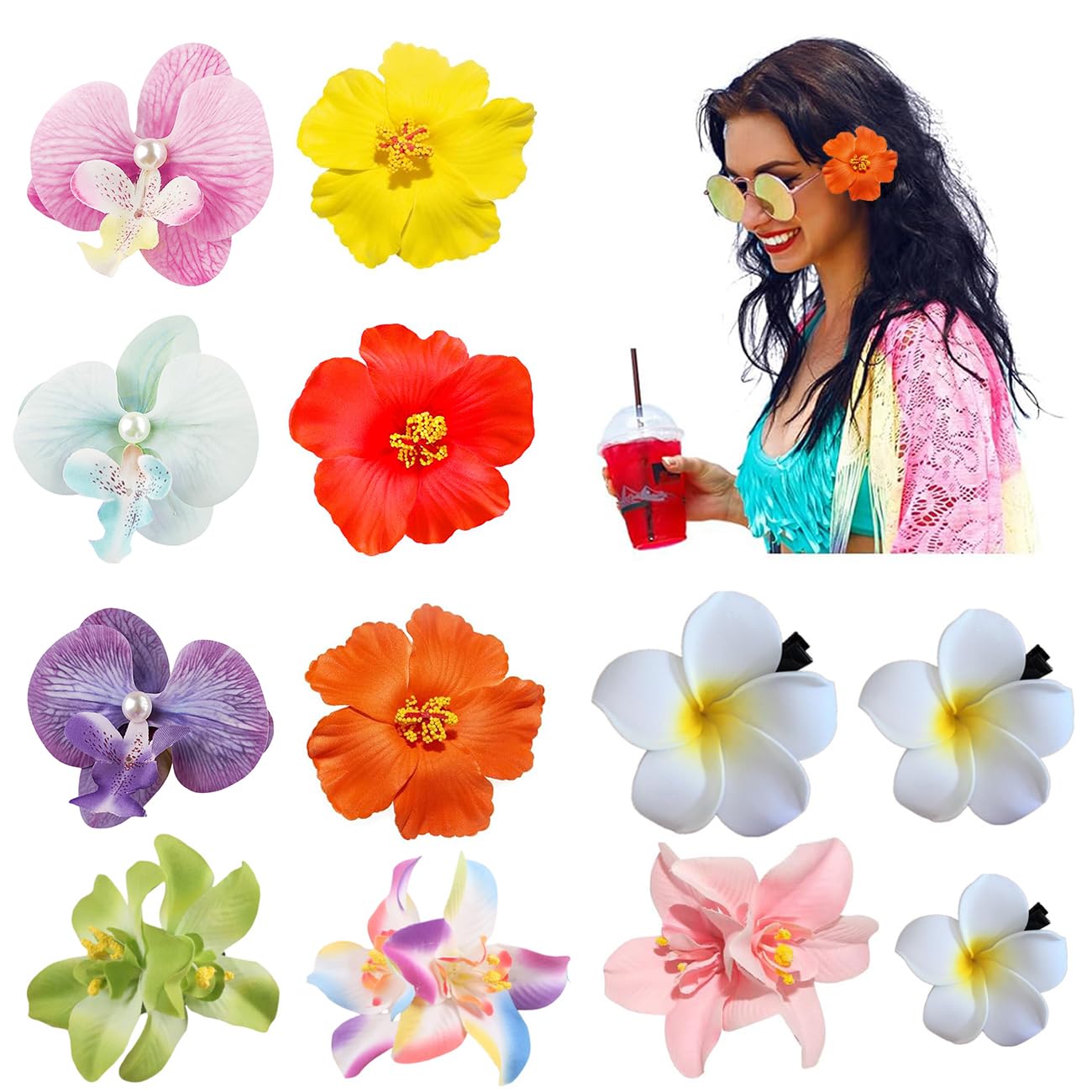 Photo 1 of 12 Pack Flower Clip for Women, Hawaiian Plumeria Hibiscus Orchid Hair Clips, Hawaiian Beach Flower Hairpins Boho Hair Accessories, Gifts for Women Teen Girls