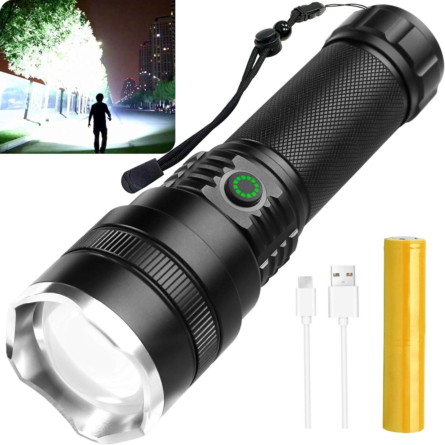 Rechargeable LED Flashlights High Lumens, 10000 Lumen Super Bright Tactical Flashlights, 4 Modes Zoomable Flashlights with High Power Battery & USB Charging, Waterproof Flashlight for Camping Hiking - - 