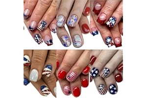 CTTHNBD 6 Packs (144 Pcs) 4th of July Press on Nails, Short Square Press on Nails, Star Fake Nails Red Blue Independence Day False Nails for Women, Stick on Nails Kit 12 Sizes-6Styles