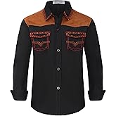 EDFTM Boy's Western Cowboy Shirt Embroidered Long Sleeve Regular Fit Casual Cotton Button Down Hippie Shirts with Pockets