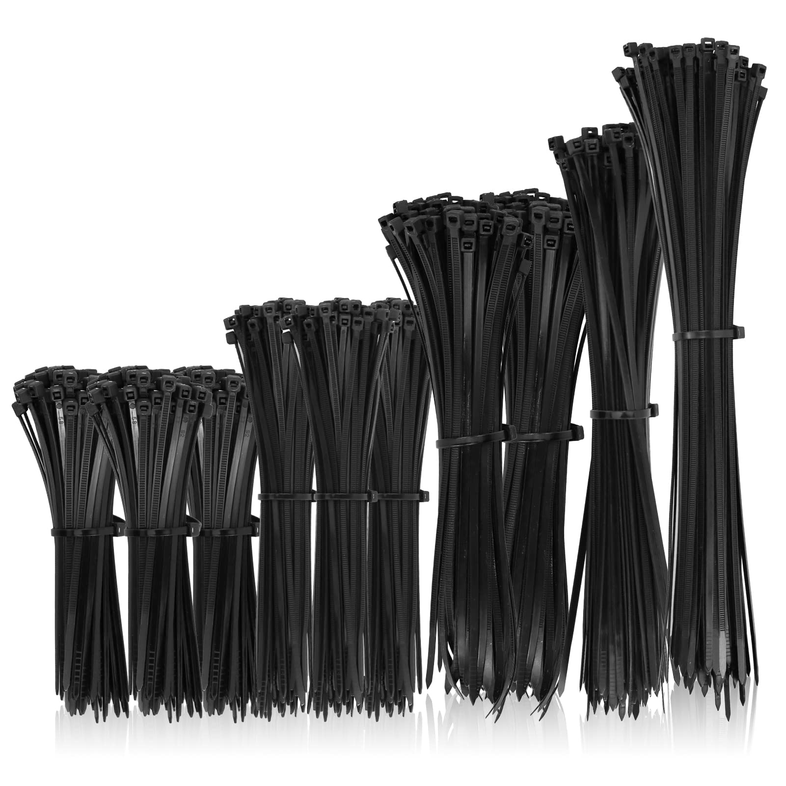 1000 Pieces Black Nylon Cable Ties Mixed Pack Heavy Duty Strong Self Locking Long Plastic Zip Tie Wraps Assorted Sizes 100/150/200/250/300mm Length 4/6/8/10/12 Inch, 2.5/3.6mm Width