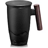 suyika Tomotime Ceramic Tea Cup with Infuser and Lid Tea Mugs Wooden Handle 400ml/13.5oz Black