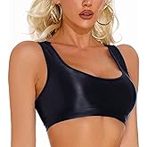 FEOYA Women Shiny Sports Bra Oil Glossy Crop Tank Top Seamless Racerback Bras for Workout Club Party