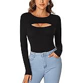 Vrtige Women's Long Sleeve Top Cut Out Front Fitted Sexy Cute Casual Tops Tee Dressy T-Shirt