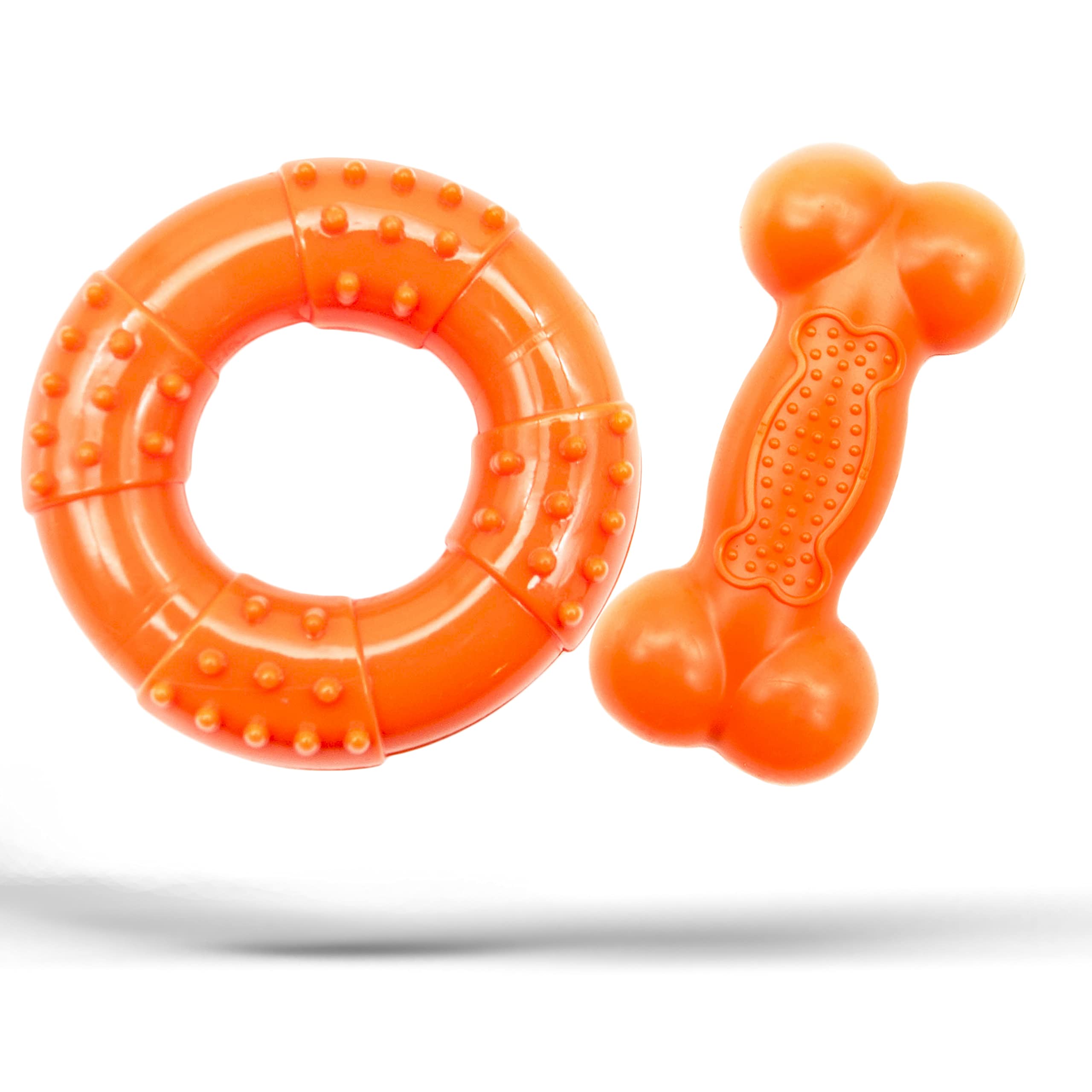 2 x Chew Toys for Dogs, Rubber Dog Chew Bone Ring Dumbbell, Durable Squeaky Dog Bones Pet Chewing Teeth Cleaning Ring Toy, Tug Dog Chews for Teeth (Orange, Bone and Ring)