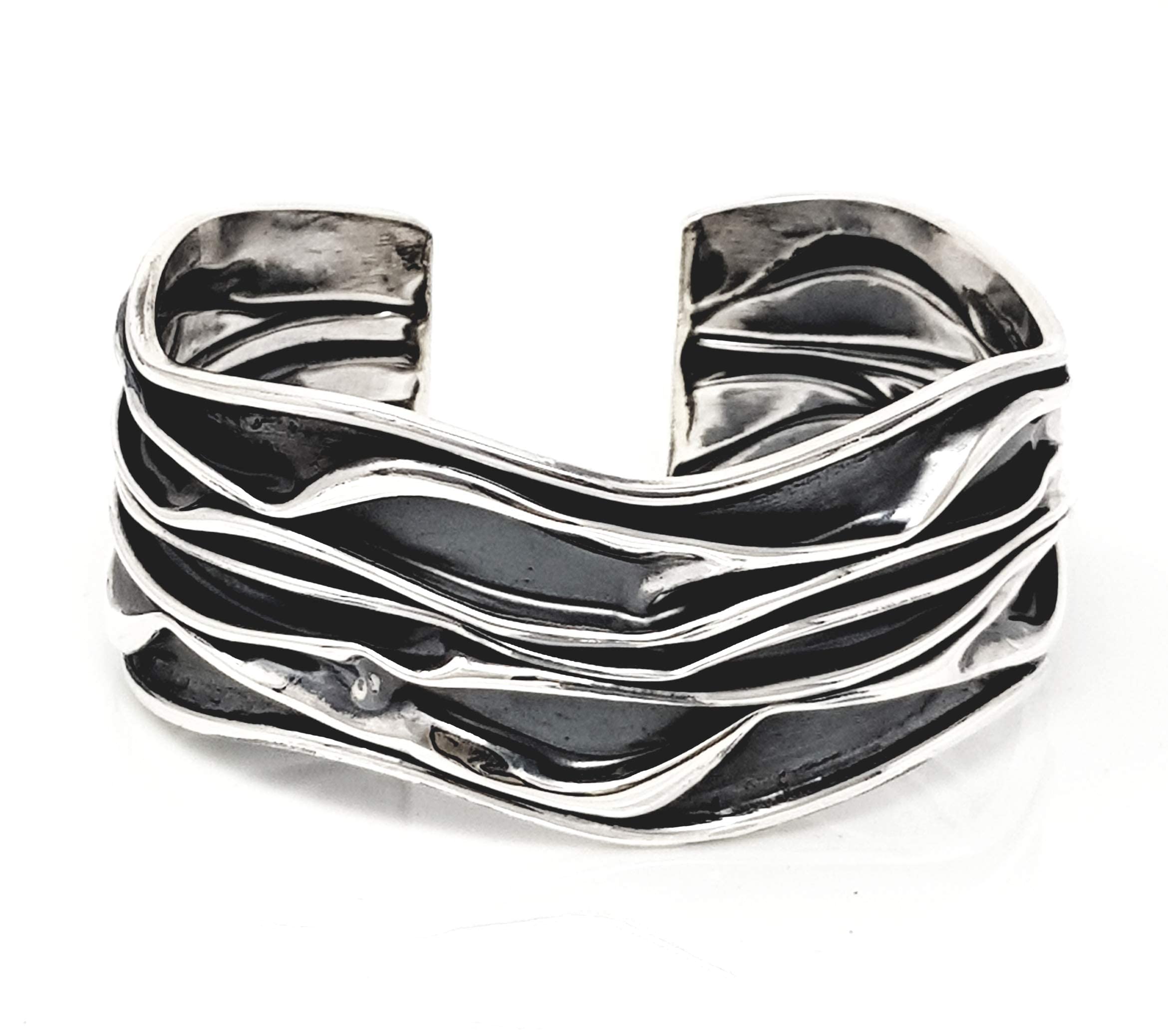 Treasure Bay Women's Bracelet - 925 Sterling Silver Cuff Bangle Bracelet for Women Crushed Style (25mm Wave)