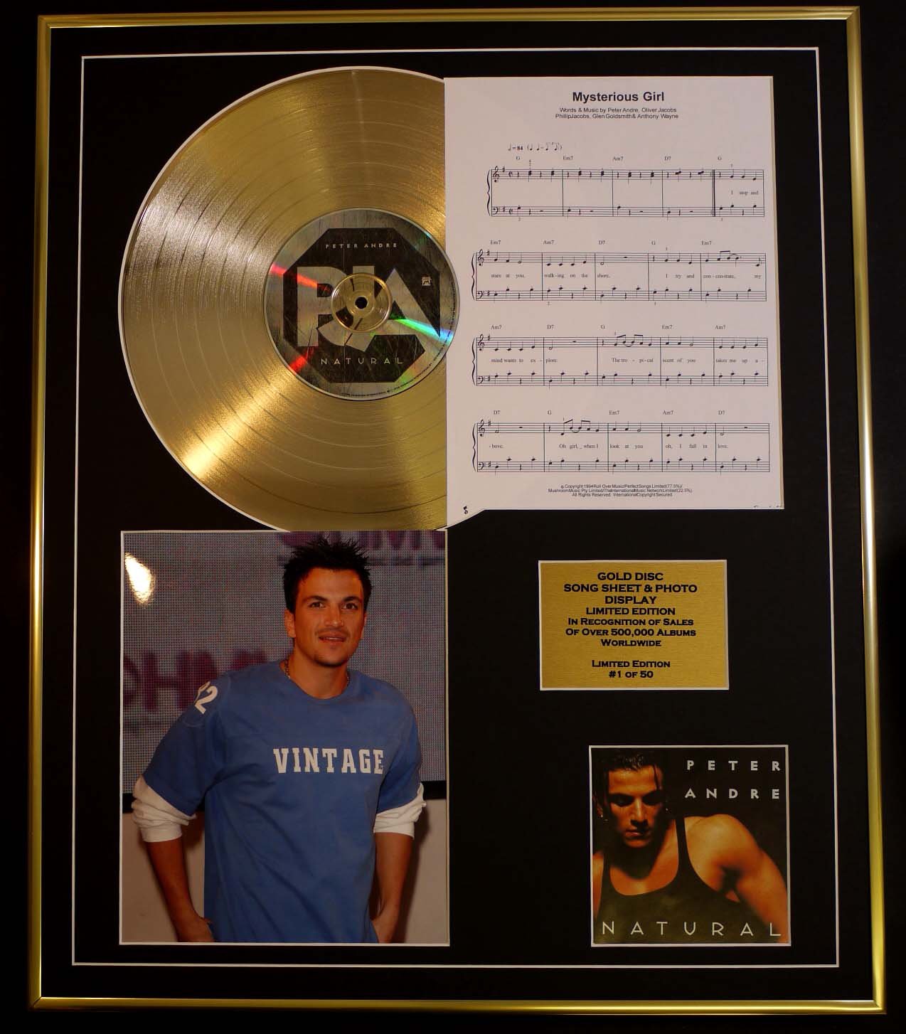 PETER ANDRE/CD GOLD DISC, SONG SHEET & PHOTO DISPLAY/LTD. EDITION/COA/ALBUM, NATURAL/SONG SHEET, MYSTERIOUS GIRL