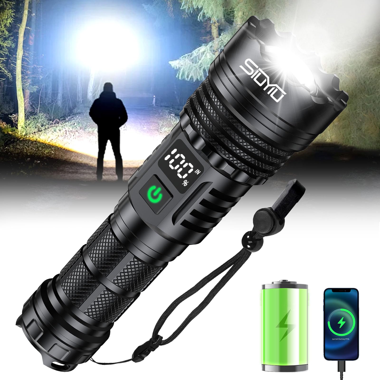 Siuyiu Torches LED Super Bright Rechargeable Torch, 3000 Lumens LED Torch, Ideal Camping Torches, Durable, Long-Lasting Flashlight - Perfect for Outdoor Adventures and Emergencies,Outdoor, Home