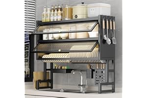 Over The Sink Dish Drying Rack, Large Capacity Kitchen Organizer, with Dustproof Cover, Multifunctional Metal Counter Shelf, 