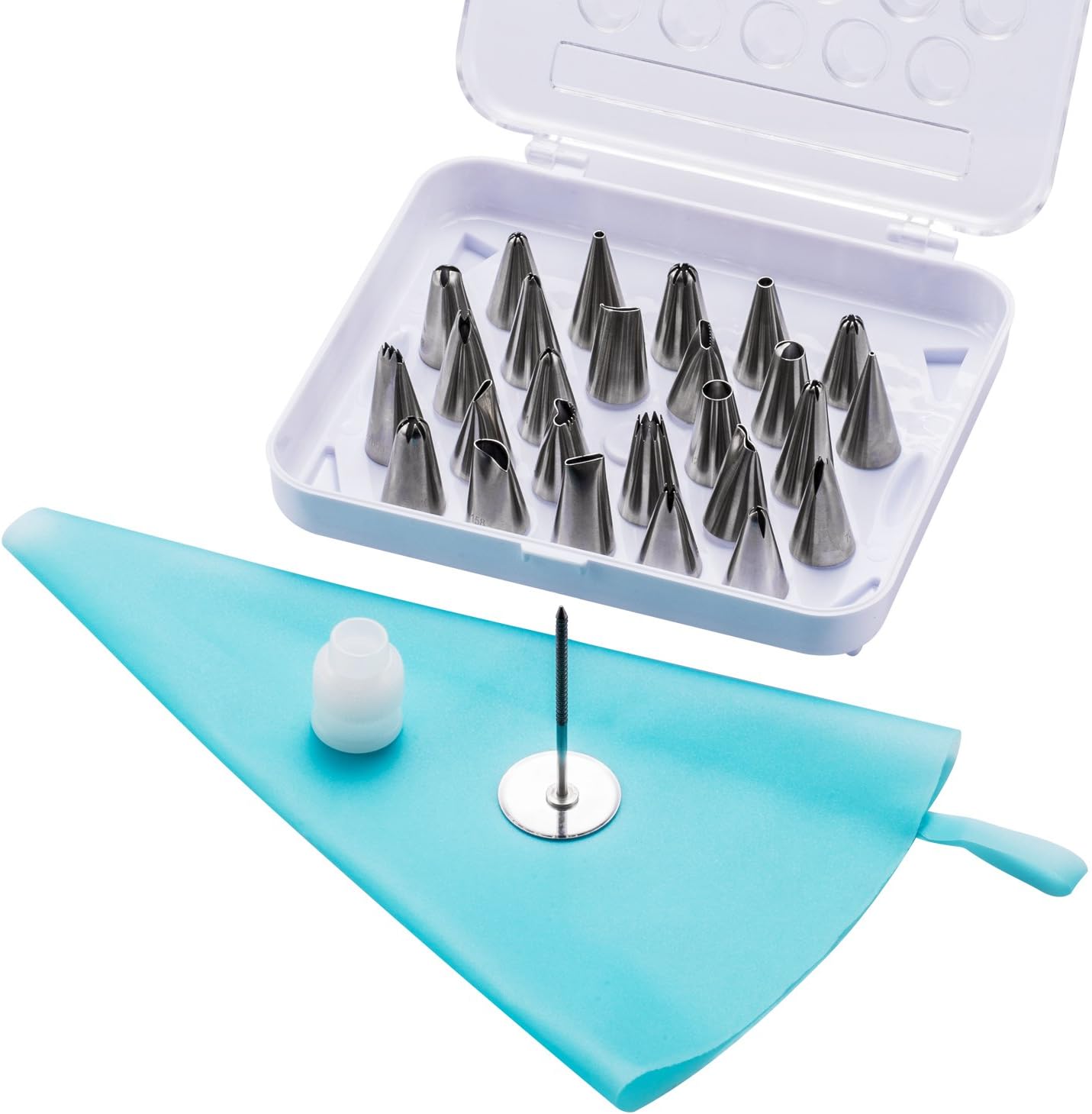 Cake Piping Tips, Decorating Supplies Kit, 26 Pcs Professional Stainless Steel DIY Icing Dispenser Nozzle with 1 Reusable Coupler, 1 Silicone Pastry Bag and 1 Flower Nail for Cupcakes Cookies