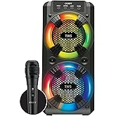 Coby True Wireless Speaker, Portable Bluetooth Speaker with 2 Woofers and LED Lighting Trim, Karaoke Mic, FM Radio, Rechargeable Battery, USB and 3.5-Millimeter AUX Port, TF Card Reader, 12-Hour Play
